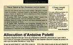 Poletti Antoine: allocution du secrétaire départemental des Amis de la Résistance (7 août 1999 à Foci Livesi)